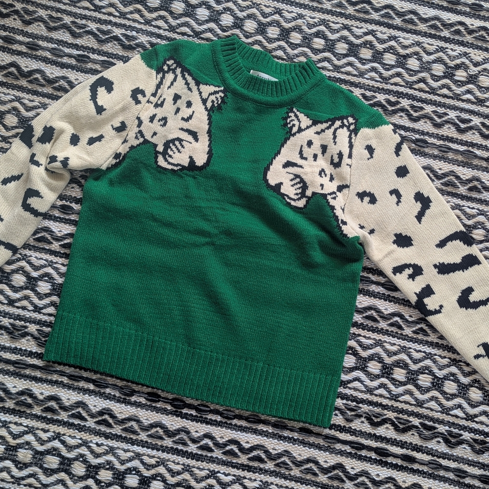 Women's Green and Cream Leopard Sweater